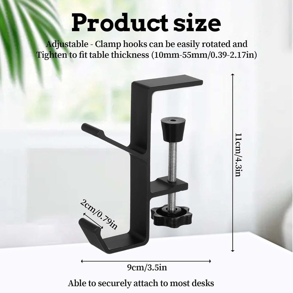 2Pcs Clamp-On Under Desk Headphone Holder Backpack Hook Students' Black