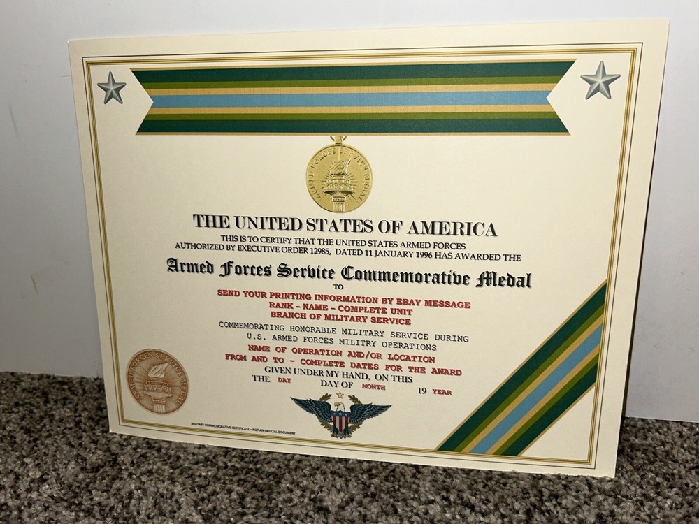 ARMED FORCES SERVICE MEDAL COMMEMORATIVE CERTIFICATE ~ W/PRINTING TYPE-1