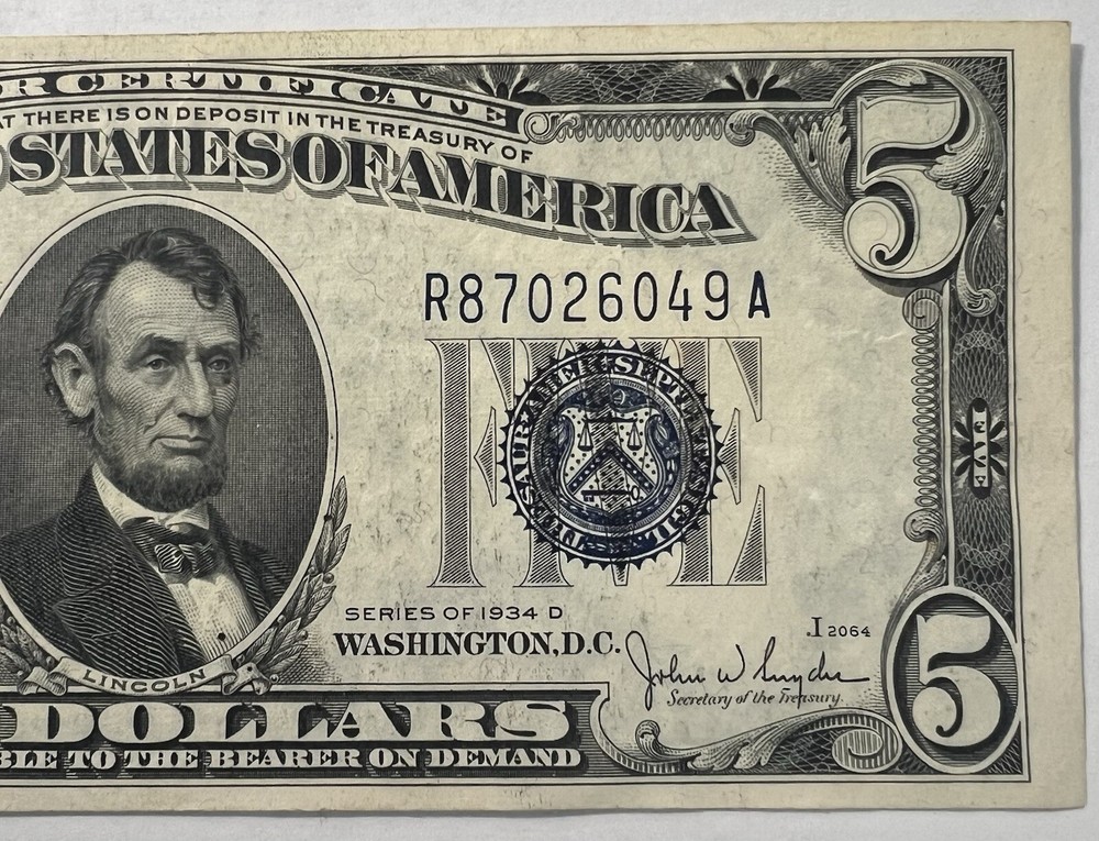 1934-D $ 5 Dollar Silver Certificate blue Seal Circulated Note.