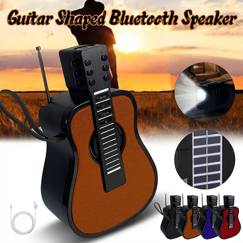 Portable Bluetooth Speaker Guitar Shaped Solar & USB Powered Telescoping Antenna