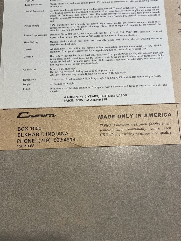 Original 1970s CROWN DC 300 Dual Channel Basic Amplifier Advertising Spec Sheet!