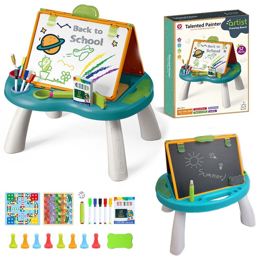 Kids 4 in 1 Foldable Art Easel Set Double Sided Whiteboard Chalkboard Boad Game