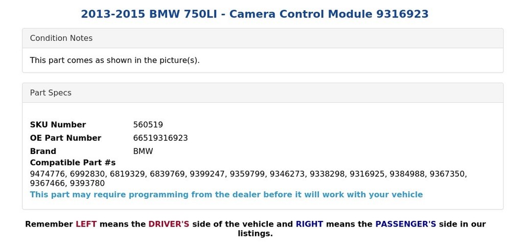 2013-2015 BMW 750LI - Camera Control Module 9316923