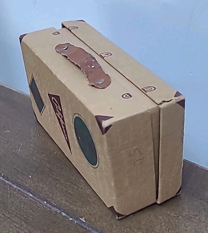 Antique Candy Container Suitcase Travel Stamps Leather Handle