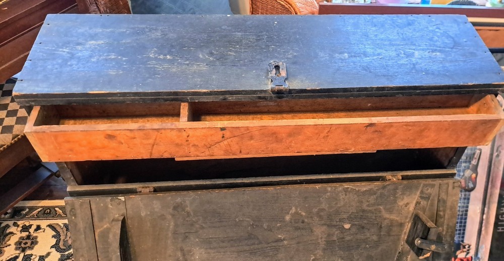 Antique Handmade Rustic Solid Wood Carpenter Tool Storage Box Chest