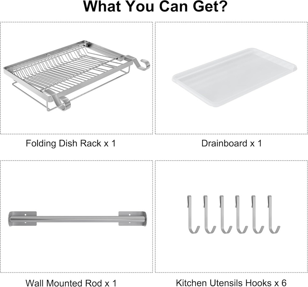 over Sink Dish Drainer Drying Rack, Stainless Steel Foldable Wall Mounted Dish R