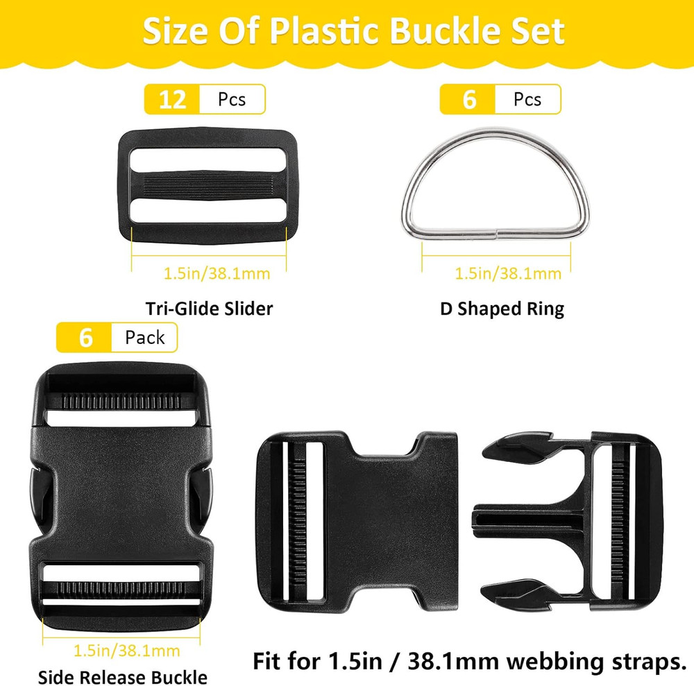 6 Pcs Quick Side Release Buckle, 12 Pcs Tri-Glide Slide、 6 Pcs Metal D-Rings,Dua
