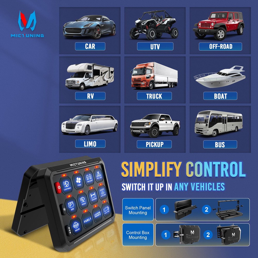MICTUNING P1s RGB 12 Gang Switch Panel Wireless App Control Circuit Relay System