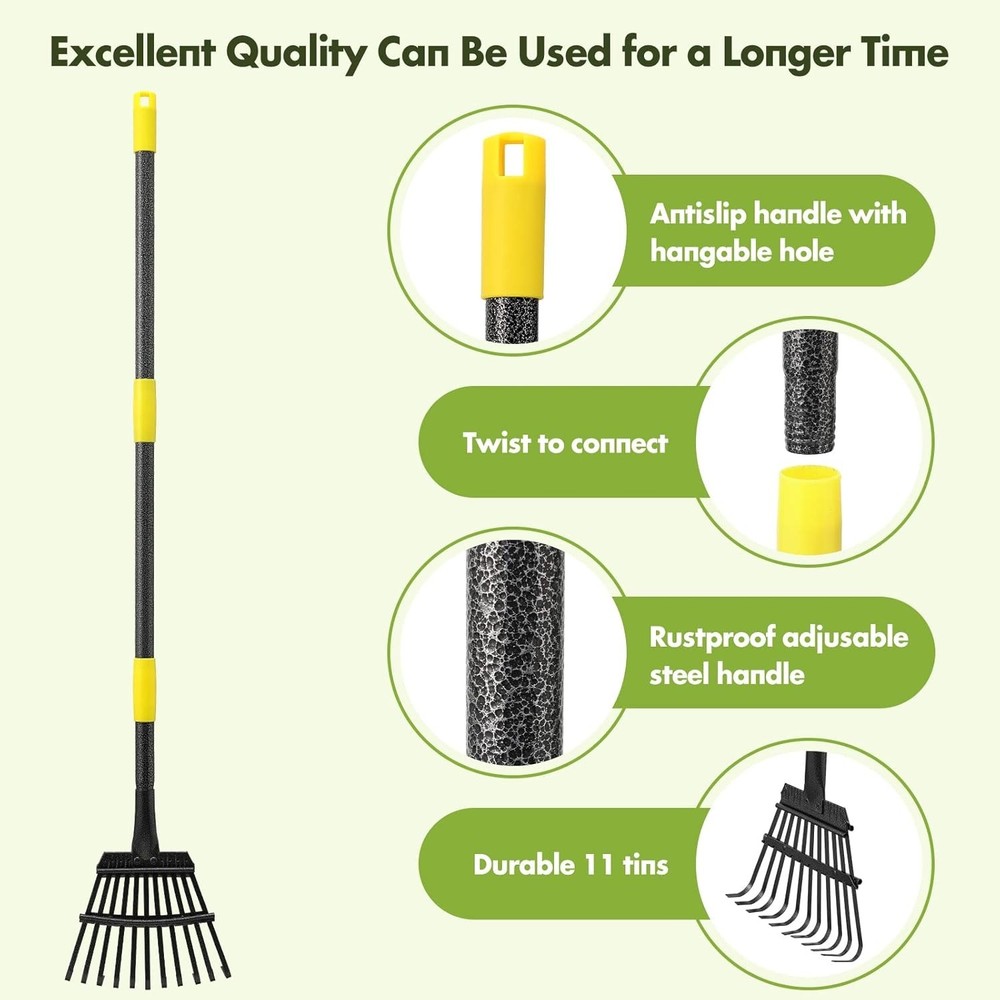 Durable 11-Tine Garden Rake for Effortless Leaf Cleanup - 60” Adjustable Handle