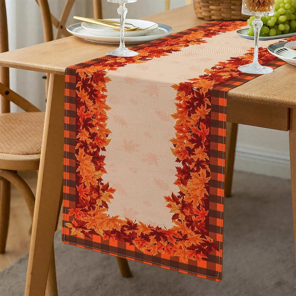 Fall Maple Leaf Table Runner, 13x72, Thanksgiving Harvest, Polyester Fabric