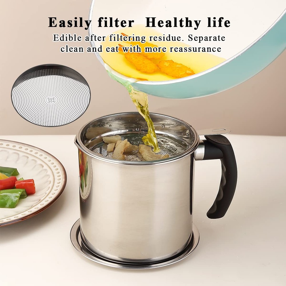 Kyraton Bacon Grease Container With Strainer, 48 oz 1. Silver, Silver