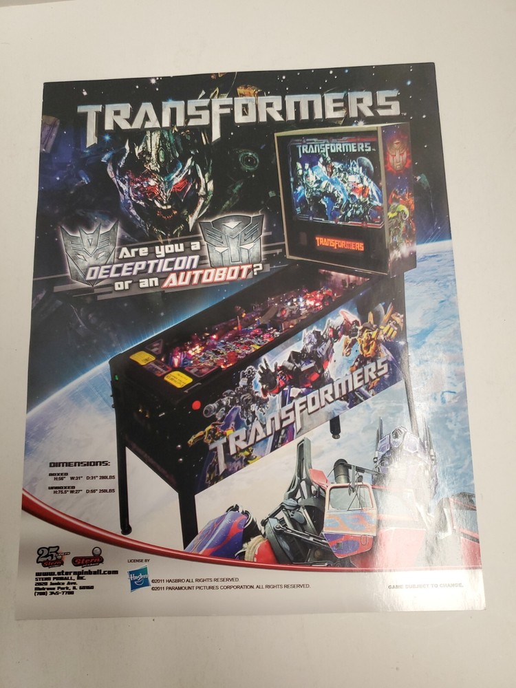 Transformers Flyer/Brochure Ad Stern Pinball Machine Art Artwork