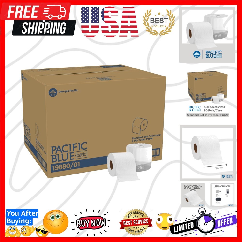 Pacific Blue Basic 2-Ply Embossed Toilet Paper,19880/01, 550 Sheets Per Roll,...