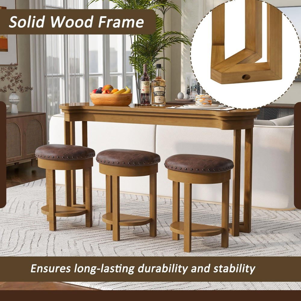 4 Piece Kitchen Counter Height Bar Table Set w/ 3 PU Padded Solid Wood Stools