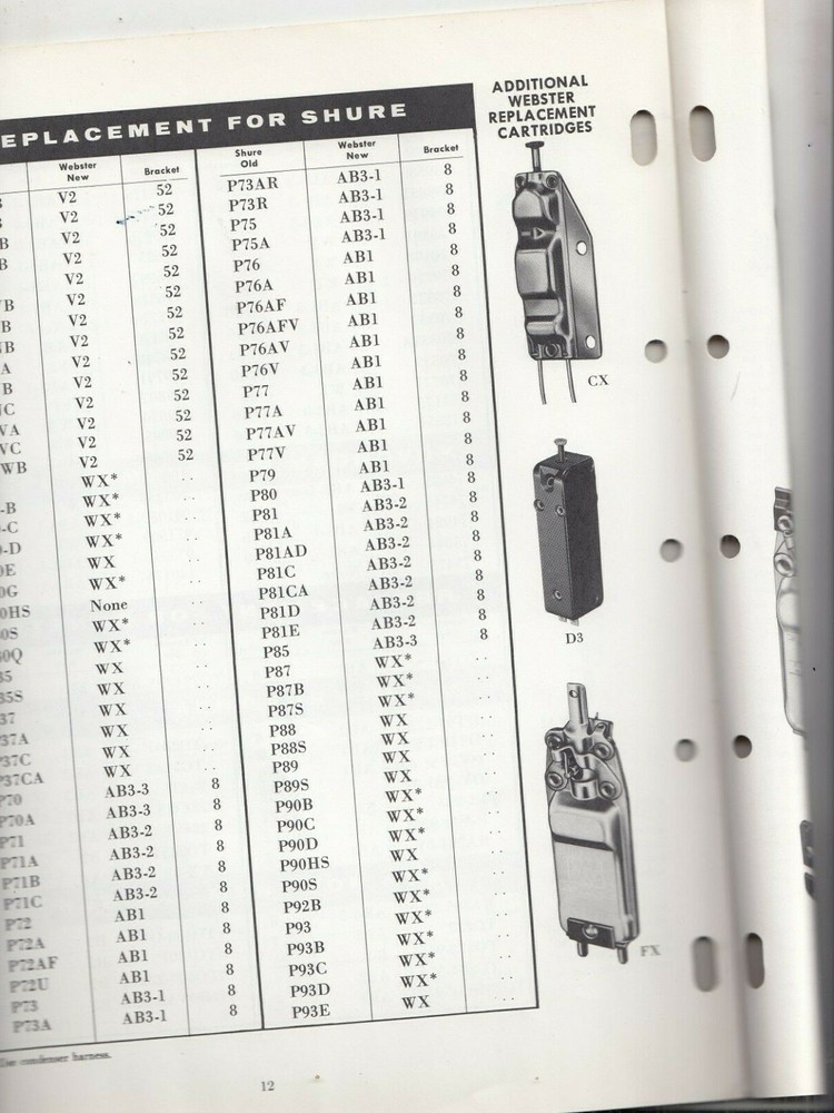 RARE WEBSTER ELECTRIC PHONO CARTRIDGE REPLACEMENT CHART - PHONOGRAPH