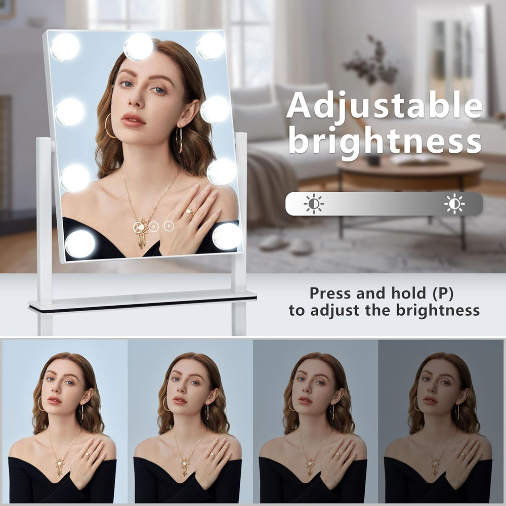 Lighted Vanity Mirror with 9 Dimmable Bulbs and 10X Magnification, White
