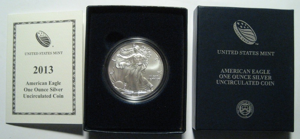 = 2013-W BU BURNISHED American SILVER Eagle Dollar ASE Coin with Box & COA