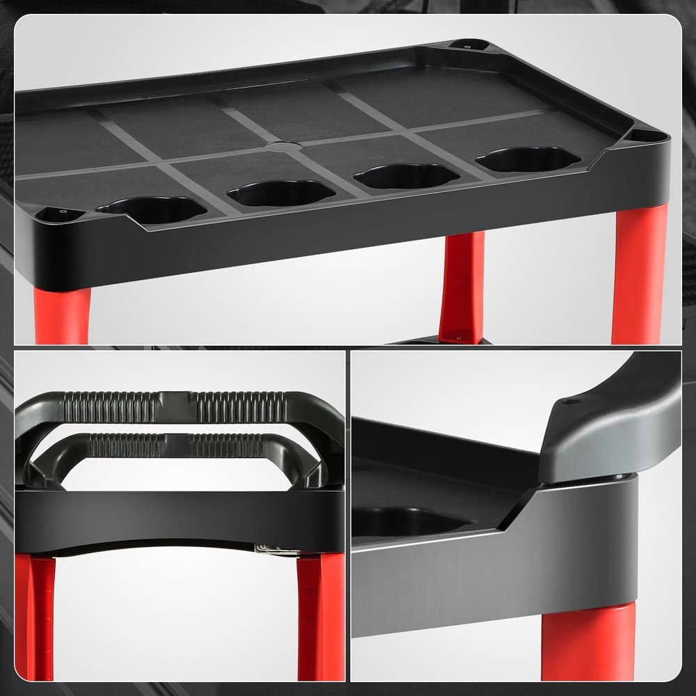 Red 3 Level Composite Workshop Tools Trolley+Casters for Warehouse Garage Office