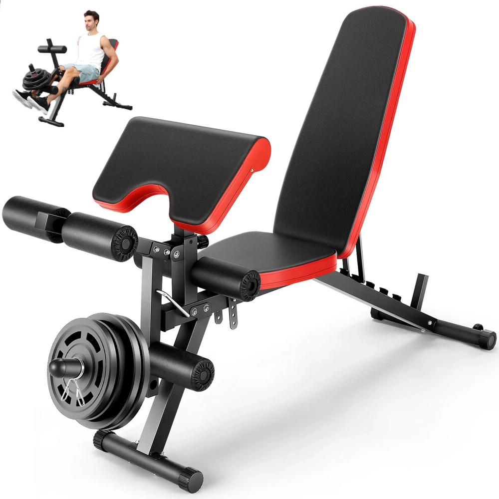 Adjustable Foldable Exercise Weight Bench Workout Bench w/Leg Extension and Curl