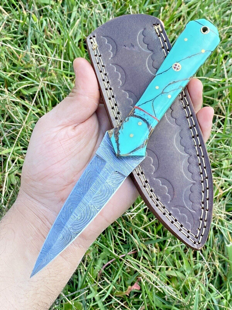 Handmade Damascus double edge fixed dagger blade combat boot knife hunter EDC