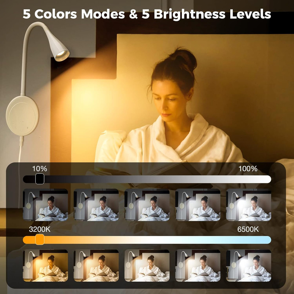 Dimmable LED Wall Mount Reading Light with USB & Touch Control - 2 Pack