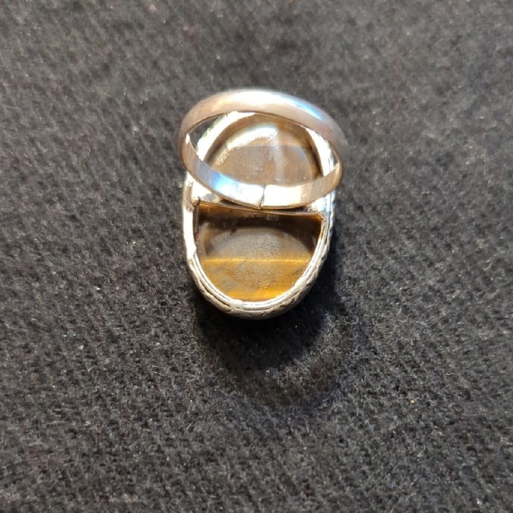Silver Plated Brown Tiger's Eye Gemstone Oval Statement Ring - Size 8