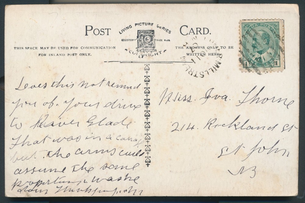 Lower Millstream, NB- 1907 Split Ring Cancel on Postcard