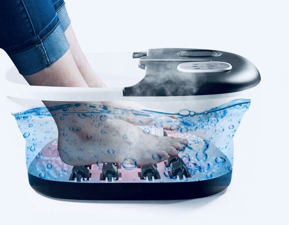 Foldable Heated Foot Bath with Massage Rollers, Bubble Jets, Remote, Black/White