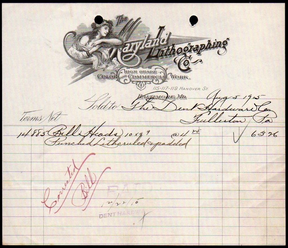 1915 Baltimore - Maryland Lithographing Co - Printers - Rare Letter Head Bill