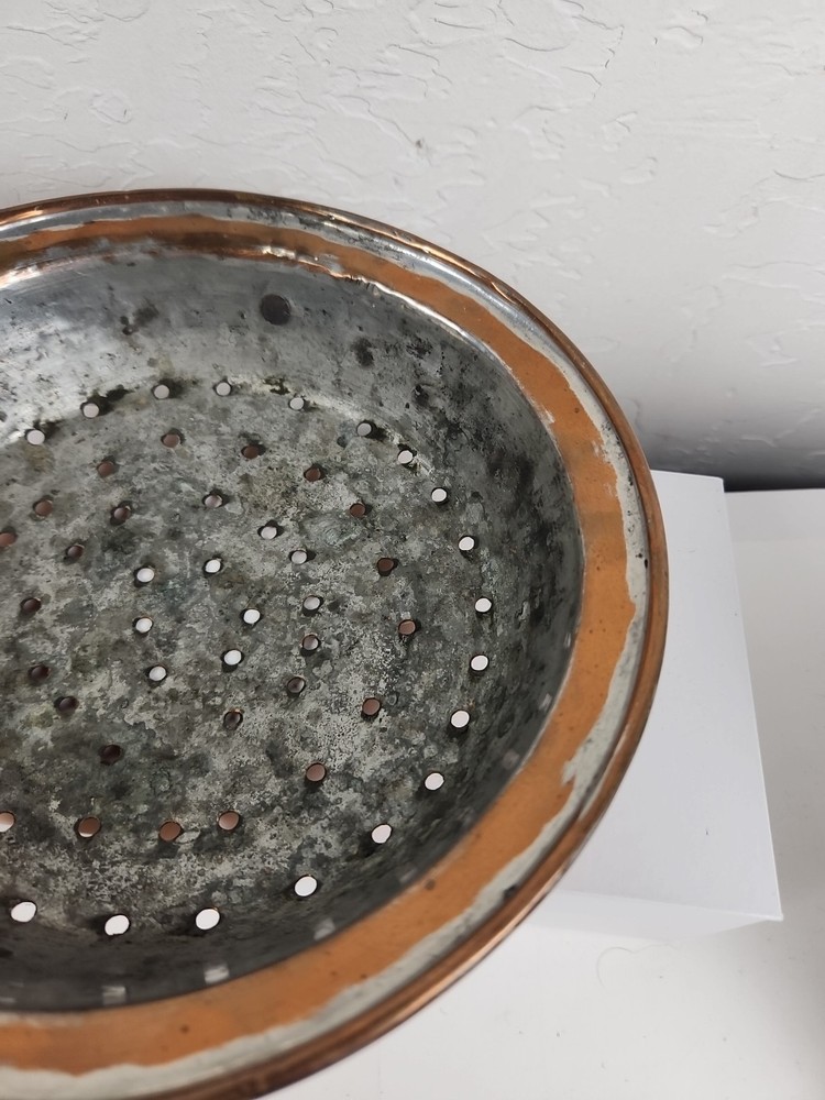 Vintage Solid Colander Strainer Steel Handle Country Rustic Patina 8.5” 2" deep