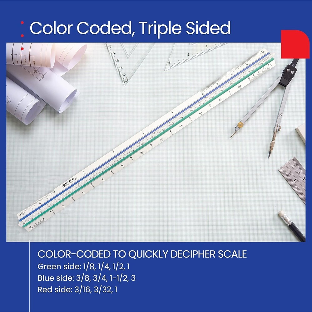 12 Inch Aluminum Triangular Ruler with Color Code for Drafting & Architect Use