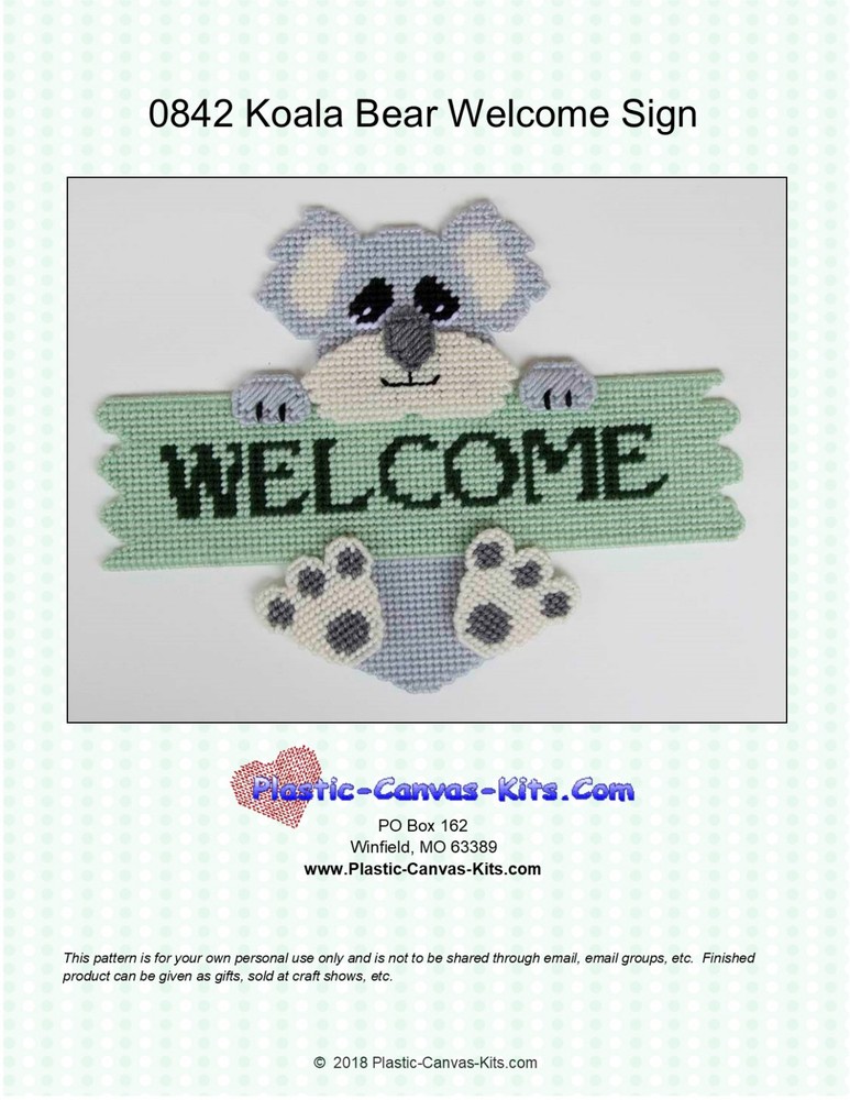 Koala Bear Welcome Sign- Plastic Canvas Pattern or Kit