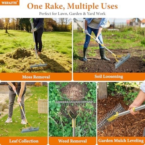 Professional Manual Thatch Rake - Heavy Duty Lawn Dethatcher with Long Handle