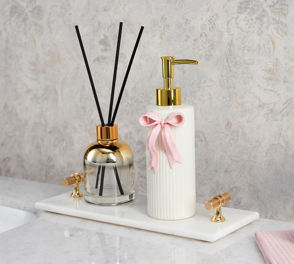 Handmade Ceramic Bow Soap Pump Dispenser Hand Lotion Liquid Dispenser Refillable