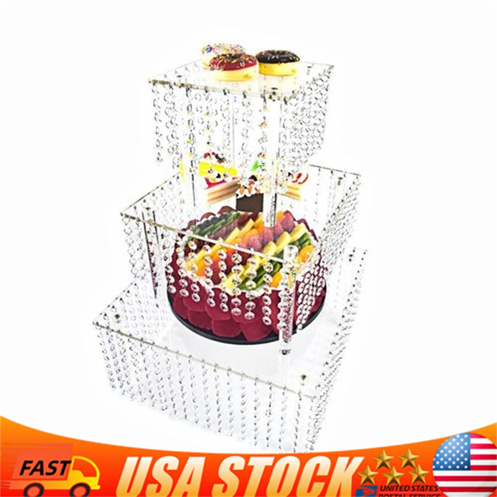 3 Tier Cake Stands Square Crystal Beaded Cupcake Tower Separable Dessert Display
