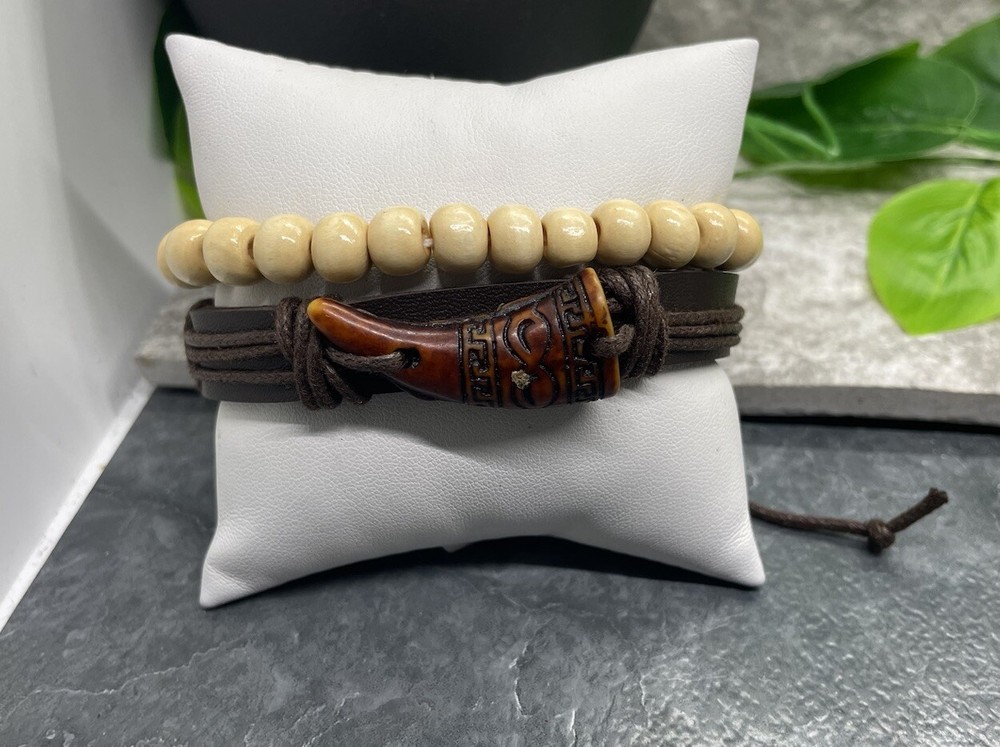 2 PC Leather Bracelet Wood Bead Stackable Adjustable Tie Free Ship B2904