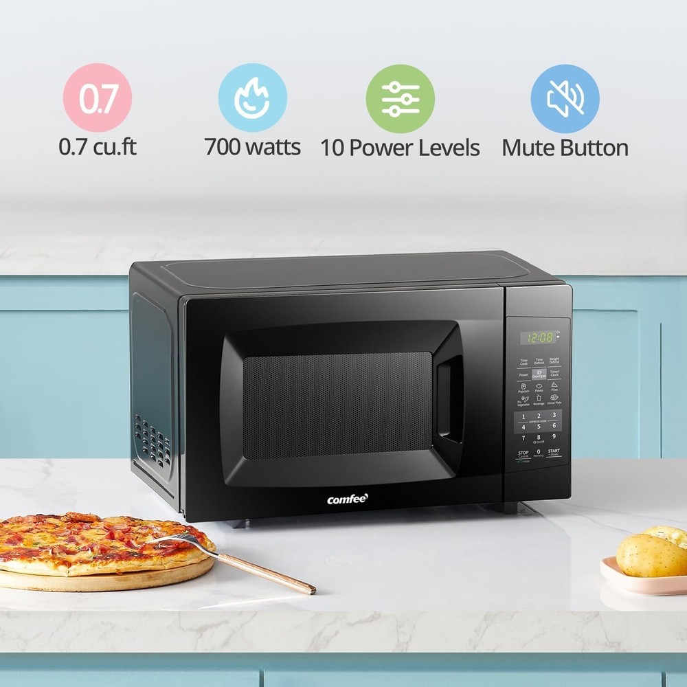 Quiet Compact Countertop Microwave with 9 Cooking Programs & Safety Lock - Black