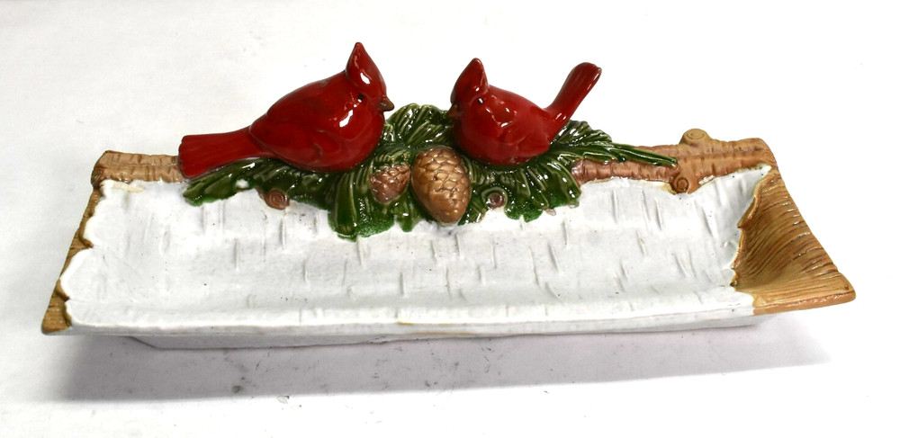 Holiday Serving Tray Cardinal Red bird Pine Cone & Snow Ceramic Rectangular Dish