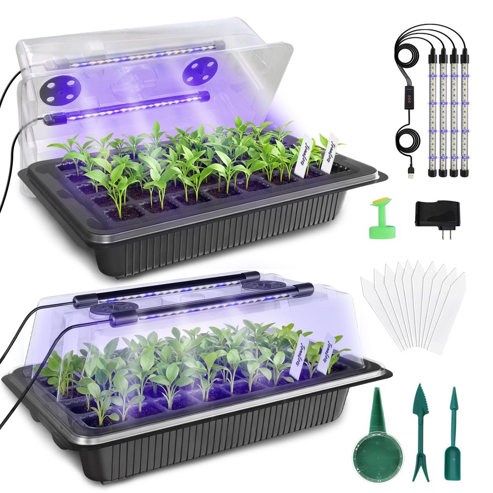 80-Cell Seed Starter Tray with Grow Light, 2-Pack Adjustable Brightness Seed ...