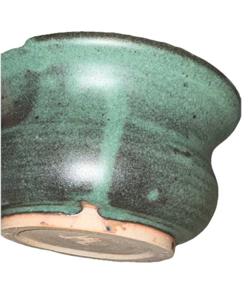 green handmade pottery soup bowl Signed