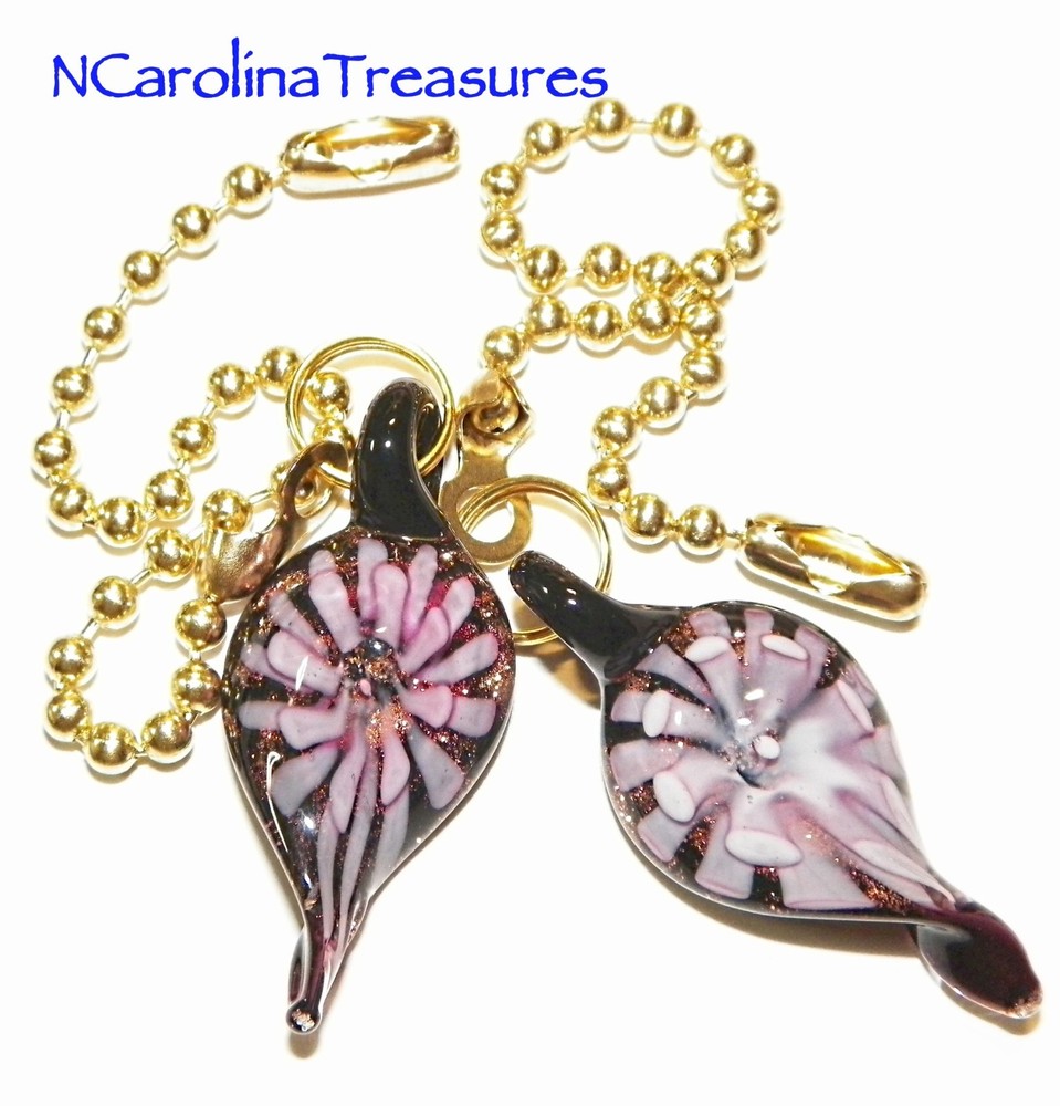 MURANO GLASS CEILING FAN SWITCH PULL LEAF DESIGN PURPLE FLORAL BURST SMALL PAIR