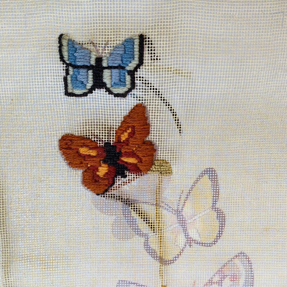 STARTED Vintage Butterfly Needlepoint Canvas Vertical ~12x35 PARTLY COMPLETED