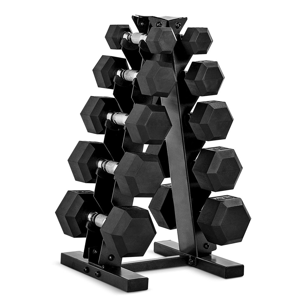 150 LB Rubber Coated Hex Dumbbell Hand Weight Set with Vertical Storage Rack ...