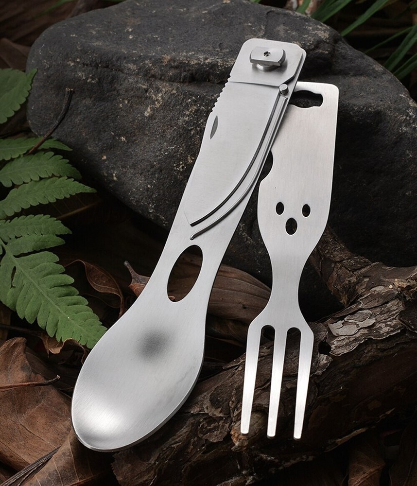 Folding Knife Fork Spoon Travel Camping Eating Tool Steel Silverware Backpacking