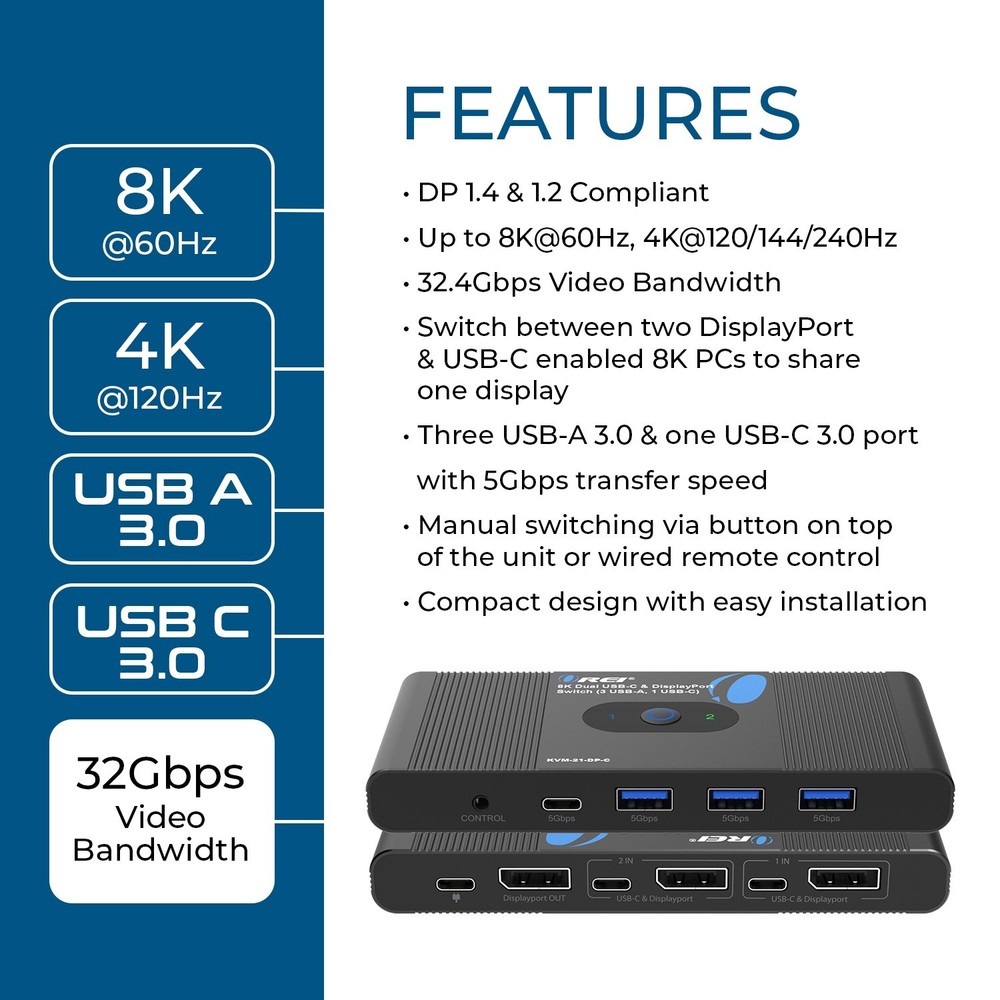 8K Dual USB-C & DisplayPort Switch (3 USB-A, 1 USB-C) (KVM-21-DP-C)
