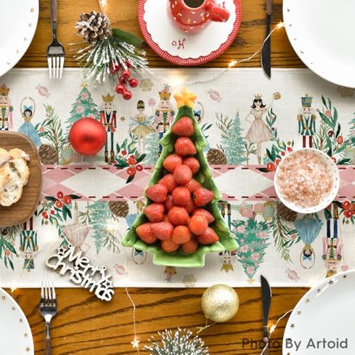 Nutcracker Floral Holly Christmas Table Runner, 13" x 72", Table Runner Pink