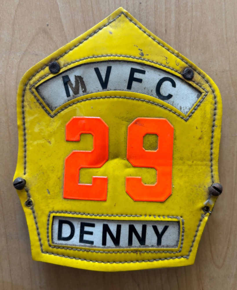 Vintage DENNY MFYC Fire Helmet Front Shield #29 Yellow Leather Firefighter