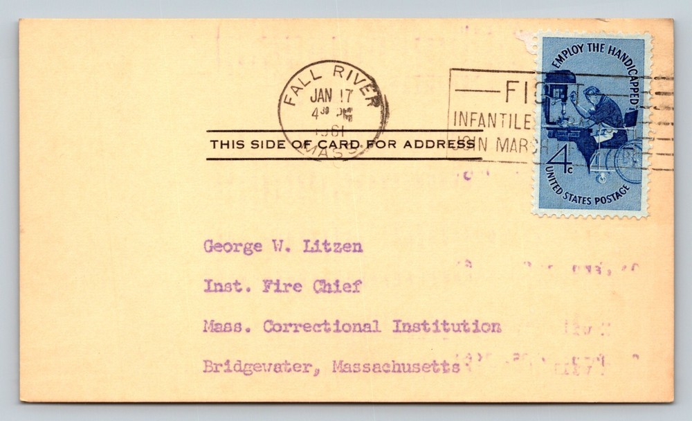 c1961 Fall River To Bridgewater MA Correctional Inst. Fire Chief Will Attend 4c