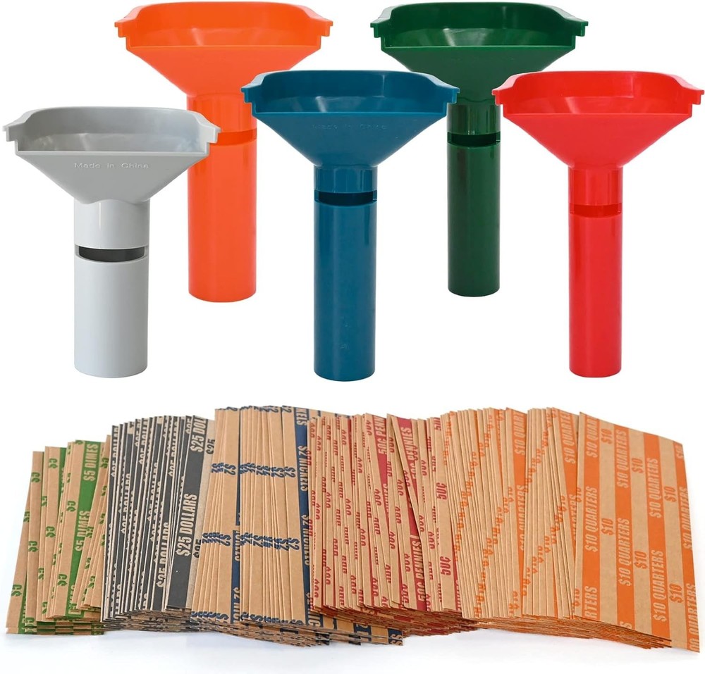 175 Assorted Coin Wrappers & 5 Color-Coded Sorting Tubes for Easy Use
