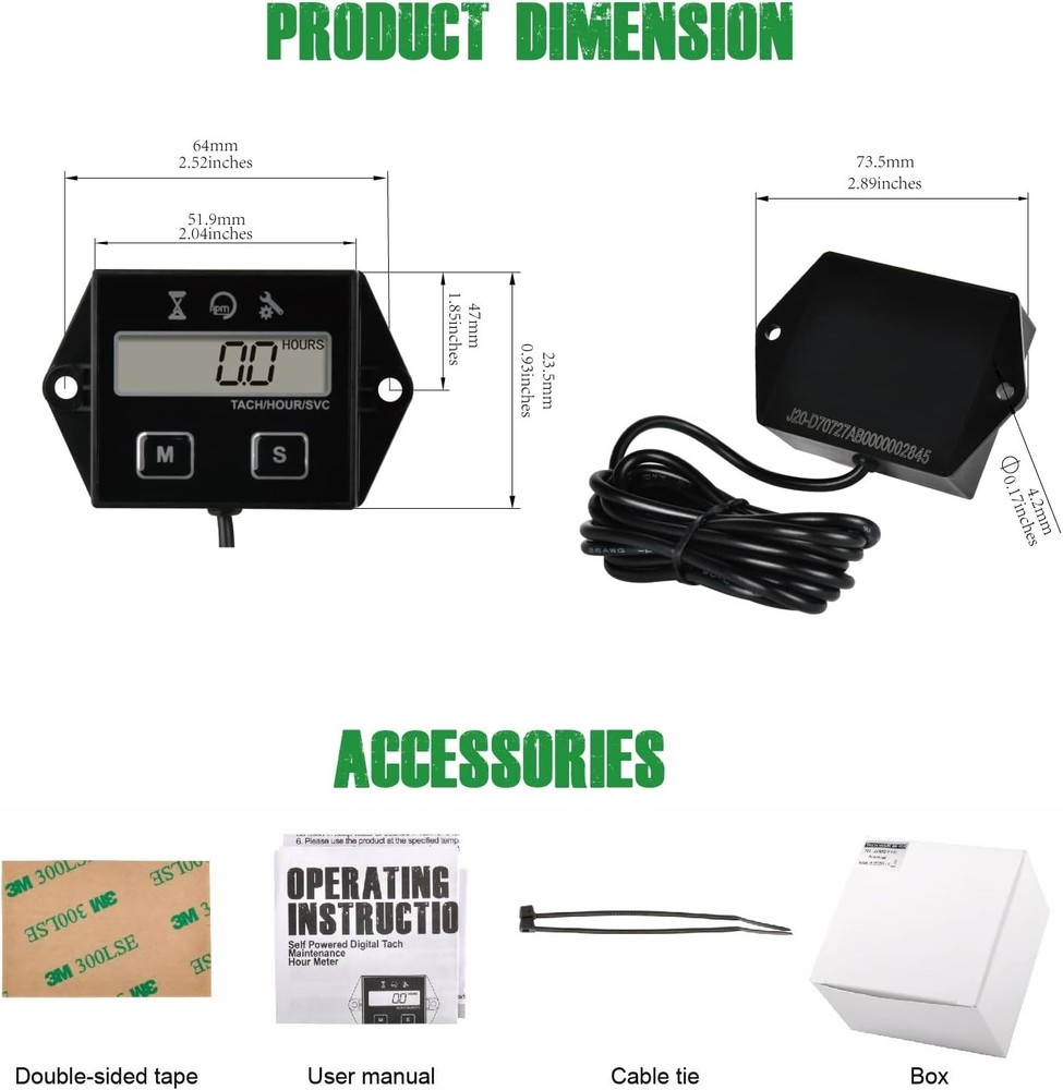 Digital Inductive Tachometer & Hour Meter for Lawn Mowers & Generators